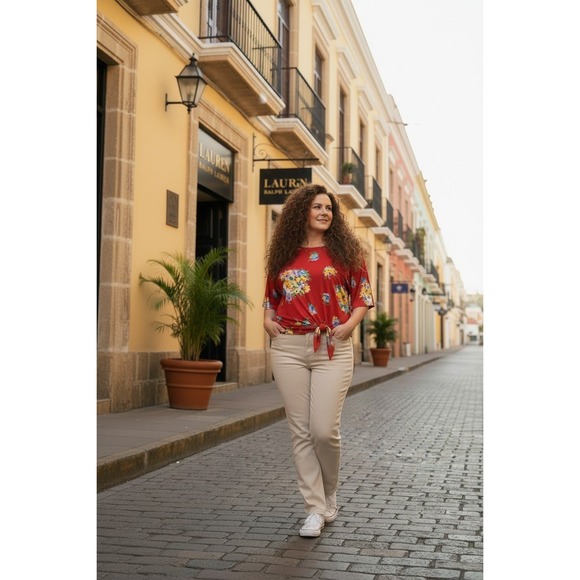 Lauren Ralph Lauren Tops - Lauren Ralph Lauren Top Women Red Floral Tie Front Dolman Sleeve Knit Top Large